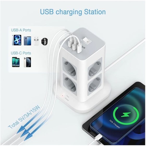 Πολύπριζο TESSAN TPS03-DE-C με θύρες AC, USB-A, USB-C image 6