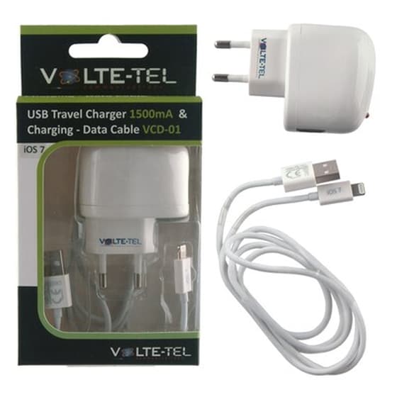 Σετ Φόρτισης Volte-tel Vtu045 Usb with cable Vcd01 Lightning 1.5A - White image 0