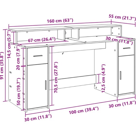 Γραφείο VidaXL με LED από Επεξεργασμένο Ξύλο 160x55x91 cm - Καπνιστή Δρυς image 12