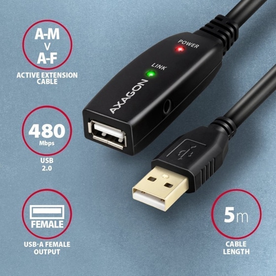 Καλώδιο USB 2.0 AXAGON ADR-205 USB-A Male σε USB-A Female - Μαύρο image 1