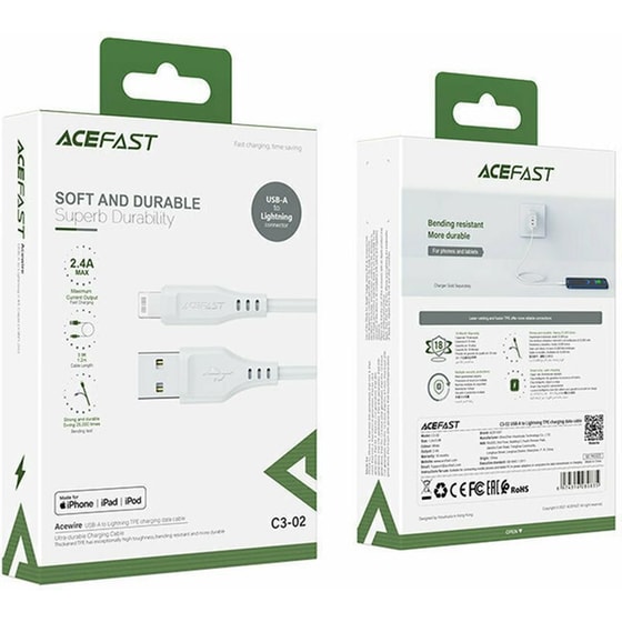 Καλώδιο δεδομένων Acefast C3-02 USB-A σε Lightning Braided 2.4A Apple Certified MFI 1.2m - Λευκό image 1