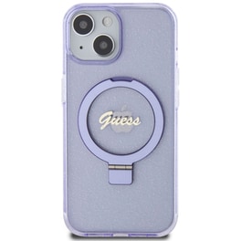 Θήκη Apple iPhone 15 - Guess Magsafe Ring Stand Glitter Hard Case Script Logo - Διάφανο/Μωβ