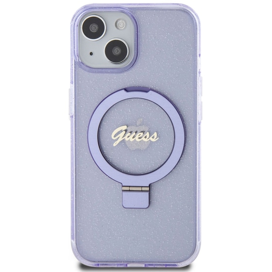 Θήκη Apple iPhone 15 - Guess Magsafe Ring Stand Glitter Hard Case Script Logo - Διάφανο/Μωβ image 0