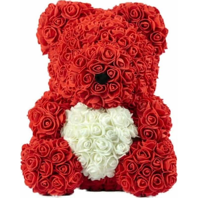 Μεγάλο Αρκουδάκι Από Τεχνητά Τριαντάφυλλα Rose Bear Κόκκινο Με Λευκή Καρδιά,40cm