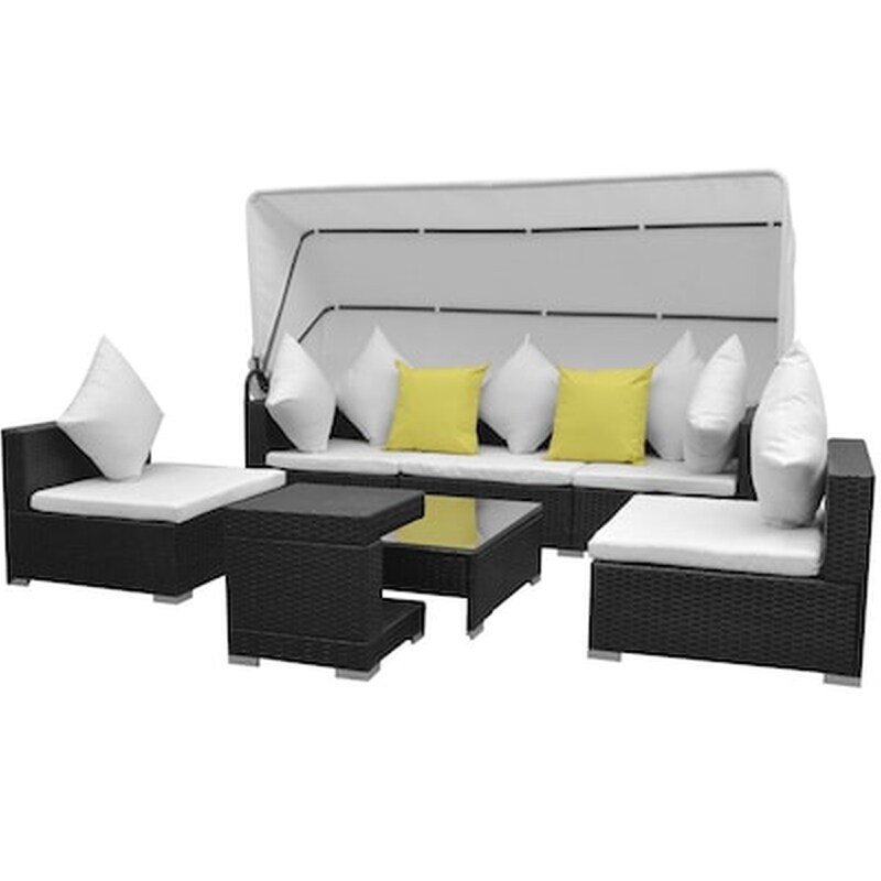 Σετ Σαλόνι Κήπου Vidaxl από Ρατάν με Μαξιλάρια και Σκίαστρο 7 Τμχ - Λευκό VIDAXL