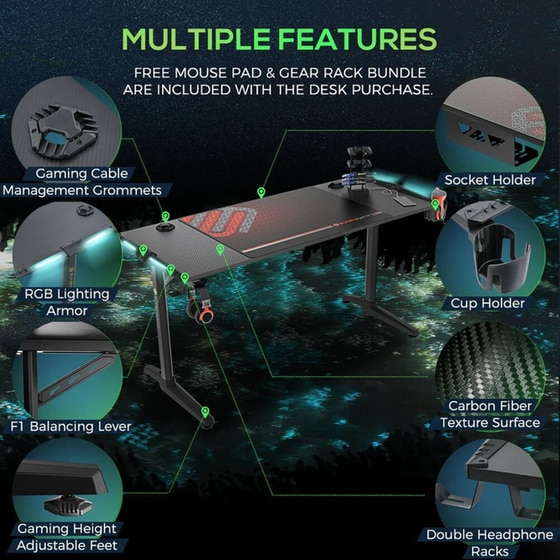 Γραφείο Gaming Eureka Ergonomic ERK-GIP-55B-V1 από Carbon Fiber 148.2x60cm  - Μαύρο image 10