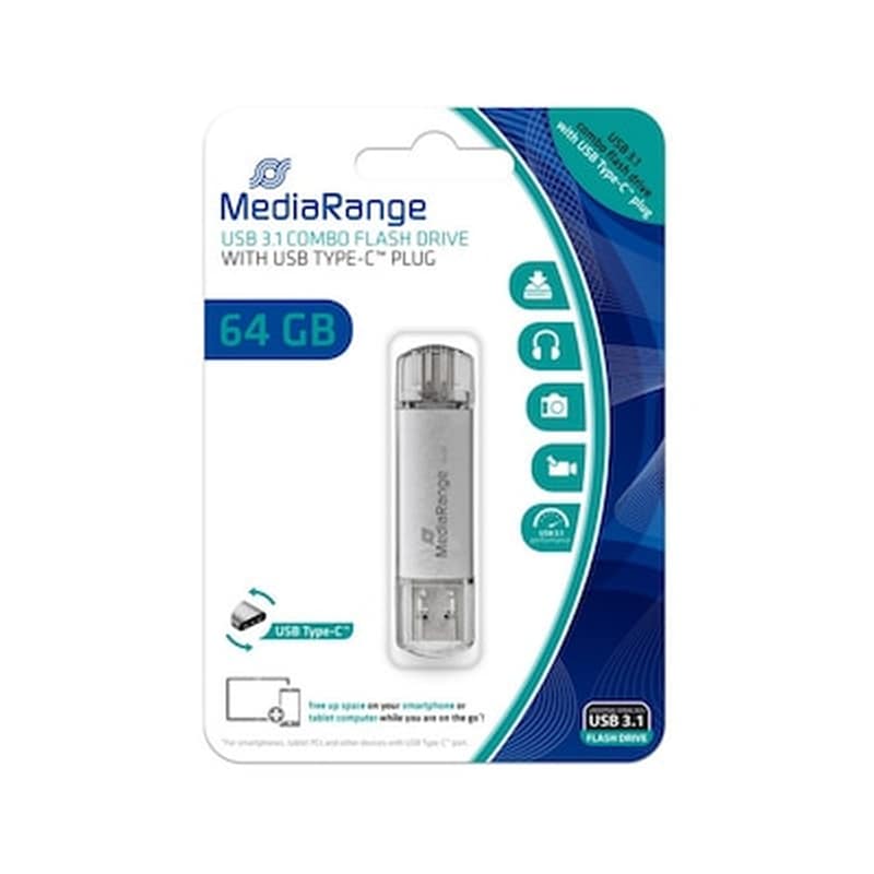 MediaRange 64GB USB 3.0 Stick με σύνδεση USB-A USB-C Ασημί φωτογραφία