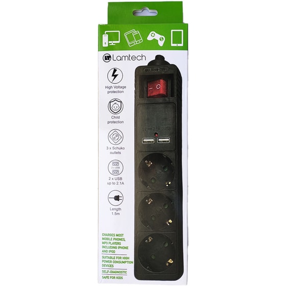 Πολύπριζο Ασφαλείας Lamtech LAM111924 3 θέσεων & 2x Usb 1.5m - Μαύρο image 1