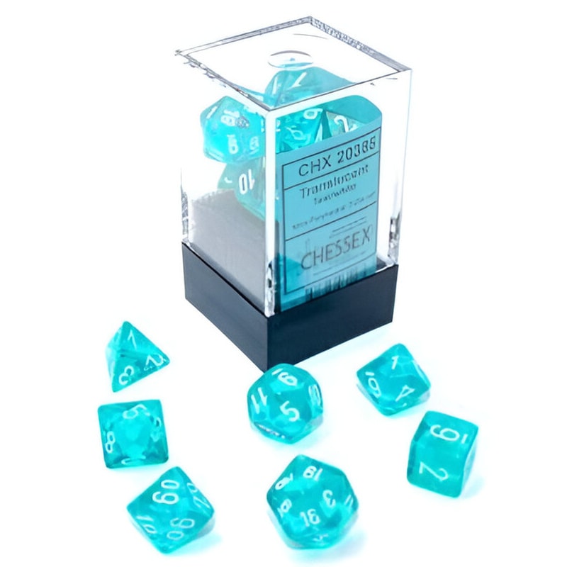 CHESSEX Σετ Ζάρια - 7 Mini Dice Set Translucent Polyhedral Teal With White