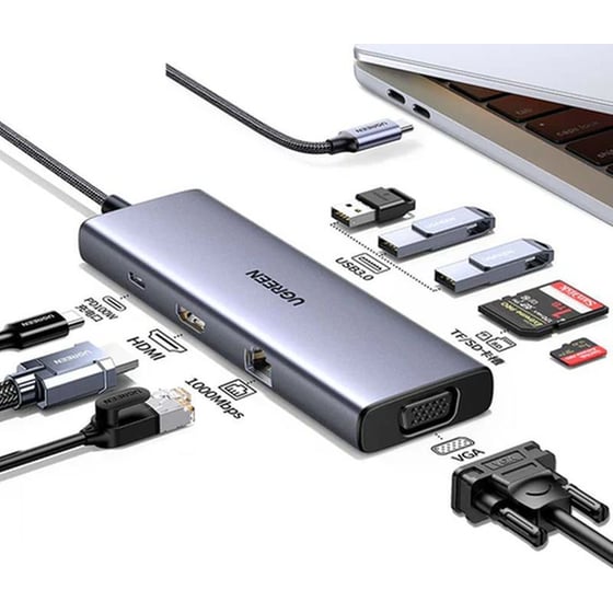 Ugreen Hub USB-C 3xUSB, HDMI, VGA, ET, MSD, USB-C - Γκρι image 1
