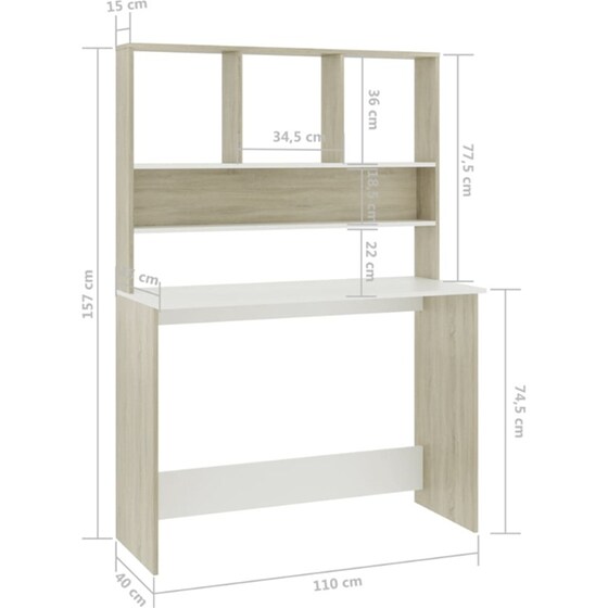 Γραφείο VidaXL με Ράφια από Μοριοσανίδα 110x45x157 cm - Λευκό/Sonoma Δρυς image 5