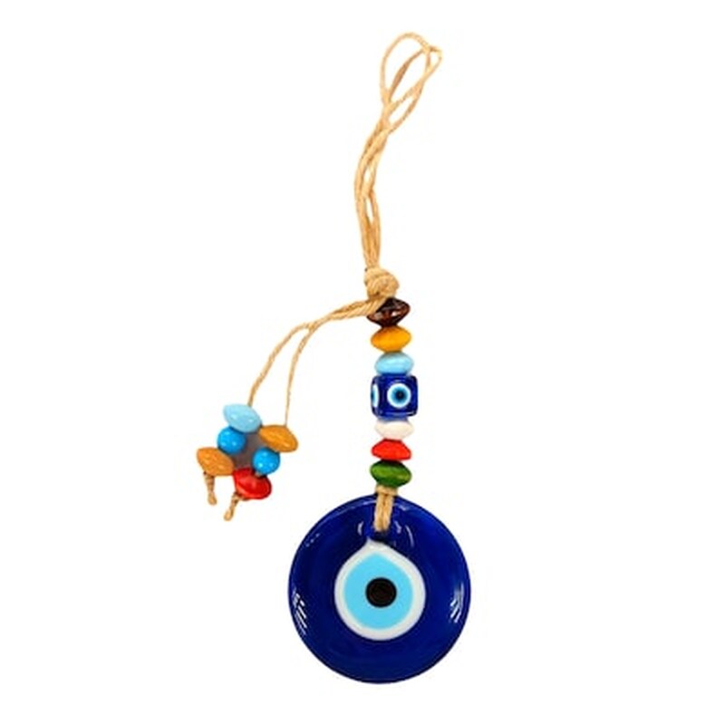 Χειροποίητο Ελληνικό Μάτι Γυάλινο Μπλε Με Πολύχρωμες Χάντρες 25x7cm Που Κρεμιέται Hanging Blue Color