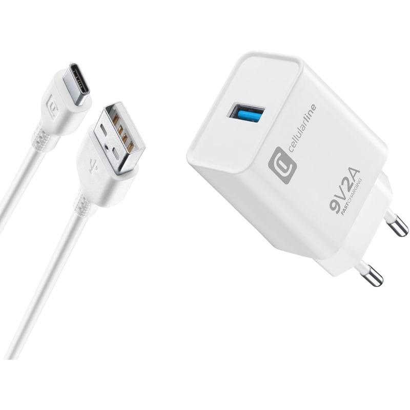 Σετ Φόρτισης Cellular Line USB Charger Kit 18W με Καλώδιο USB-A σε USB-C 1m - White