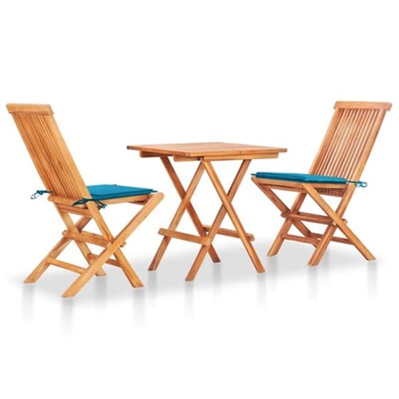 Vidaxl Σετ Επίπλων Mπιστρό 3 Τεμ. Μασίφ Ξύλο Teak Με Μπλε Μαξιλάρια image 1