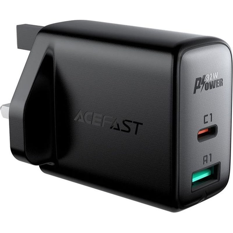 ACEFAST Φορτιστής Ταξιδίου Acefast A8 Fast Charging USB-C Pd32W USB-A - Μαύρο Με UK Plug