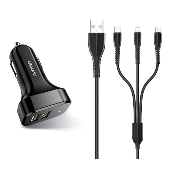 Usams Φορτιστής Αυτοκινήτου C13 Και Καλώδιο 3 Σε 1, 2x Usb, 2.1a, Μαύρο image 0