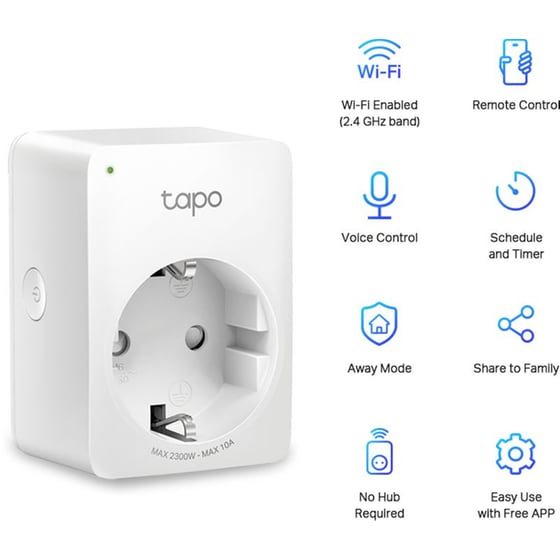 Έξυπνη πρίζα ρεύματος TP-Link Tapo P100 με Wi-Fi, Bluetooth 2300W image 1
