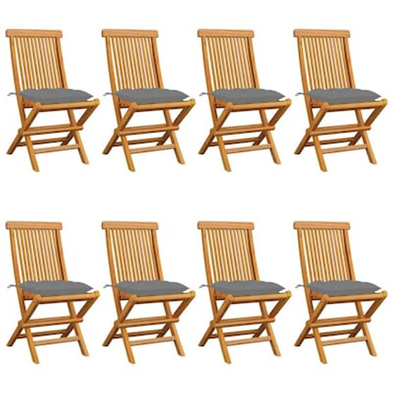 Vidaxl Καρέκλες Κήπου 8 Τεμ. Μασίφ Ξύλο Teak Με Γκρι Μαξιλάρια image 0