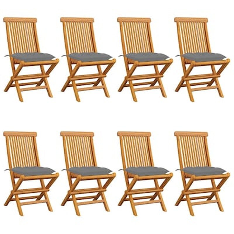 Vidaxl Καρέκλες Κήπου 8 Τεμ. Μασίφ Ξύλο Teak Με Γκρι Μαξιλάρια