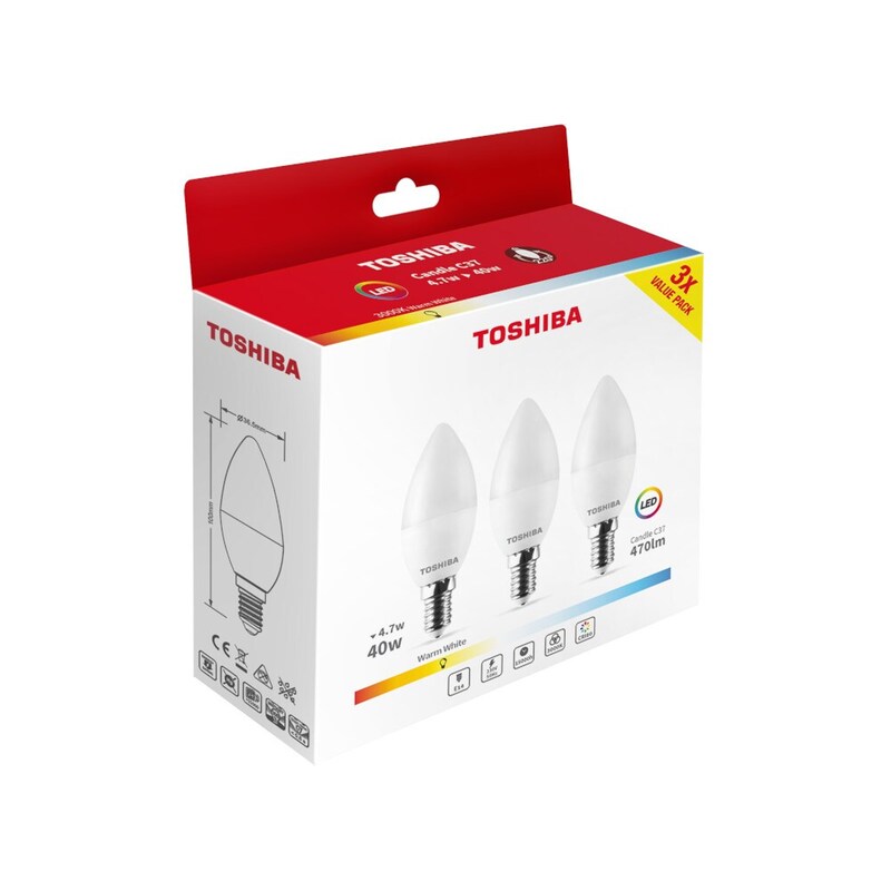 TOSHIBA LED C37 E14 4.7W 3000K 3 Pack
