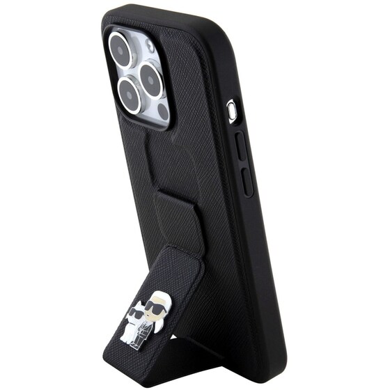 Θήκη Apple iPhone 15 Pro - Karl Lagerfeld Karl + Choupette Metal Pin Saffiano Gripstand Case - Black image 5