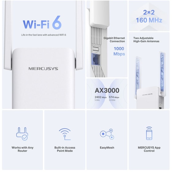 Mercusys ME80X AX3000 Wi-Fi 6 Range Extender Dual Band (2.4 & 5 GHz) 2402Mbps image 2