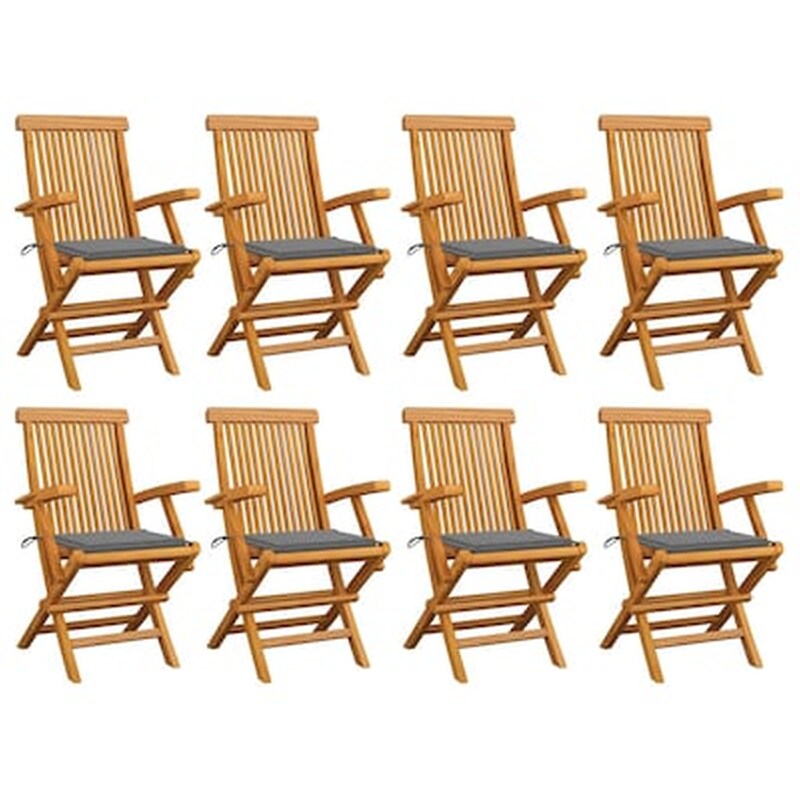 Vidaxl Καρέκλες Κήπου 8 Τεμ. Μασίφ Ξύλο Teak Με Γκρι Μαξιλάρια