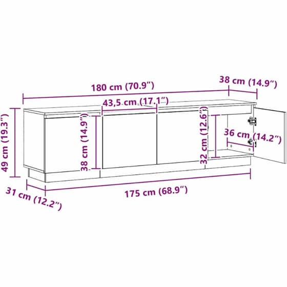 Έπιπλο Τηλεόρασης VidaXL με LED 180 x 38 x 49 cm - Λευκό image 11