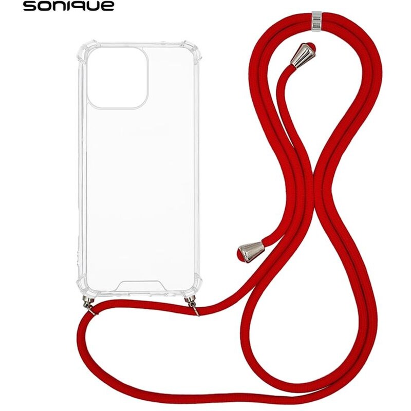 Θήκη Apple iPhone 16 Pro Max - Sonique Armor Clear Θήκη Σιλικόνης με Κορδόνι - Κόκκινο