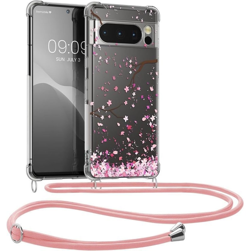Θήκη Google Pixel 8 Pro - Kwmobile Crystal Tpu Necklace Διάφανη Σιλικόνης Με Λουράκι Λαιμού - Cherry Blossoms / Cherry Petals / Pink / Dark Brown / Transparent (61866.02)