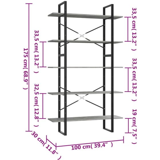 Βιβλιοθήκη VidaXL από Ξύλο 100x30x175 cm - Γκρι image 5