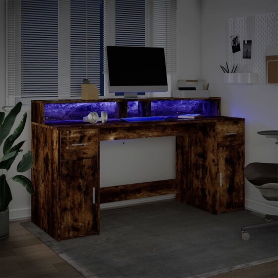 Γραφείο VidaXL με LED από Επεξεργασμένο Ξύλο 160x55x91 cm - Καπνιστή Δρυς image 3
