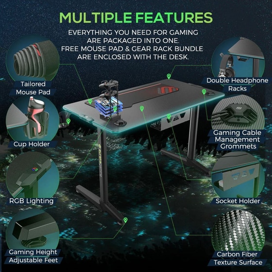 Γραφείο Gaming Eureka Ergonomic ERK-GIP-44B από Carbon Fiber 112x60cm - Μαύρο image 8