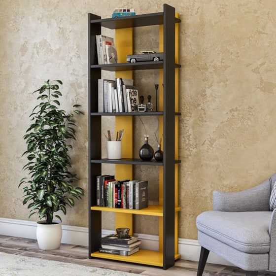Βιβλιοθήκη 24Mall Sakr από Μοριοσανίδα 63x32x180 cm - Ανθρακί/Κίτρινο image 1