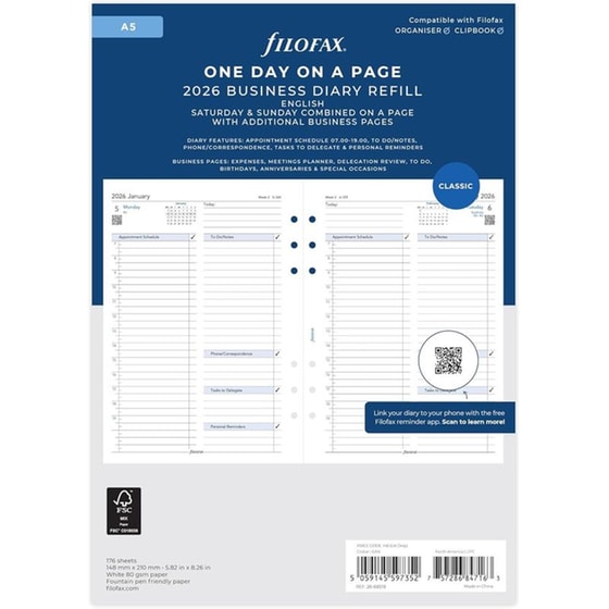 Ανταλλακτικά Φύλλα Ημερολογίου Filofax 2026 Eng-Greek Ημερήσιο A5 image 0