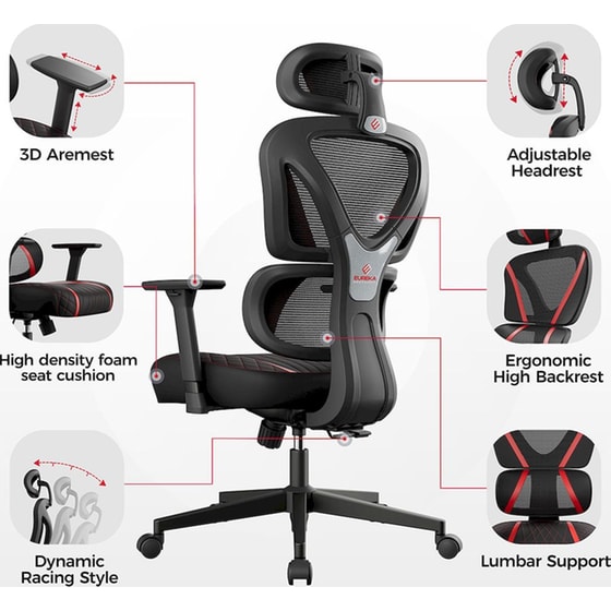 Σετ Eureka Ergonomic Καρέκλα ERK-GC06-R & Γραφείο Gaming ERK-GIP-P47B-V1 - Μαύρο/ Κόκκινο image 9