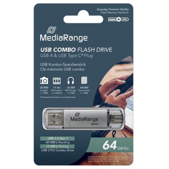MediaRange 64GB USB 3.0 Stick με σύνδεση USB-A & USB-C Ασημί image 1
