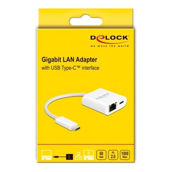 Delock Αντάπτορας Usb-c Σε Rj45 + Usb-c 65402, 1000mbps, 12cm, Λευκός image 1