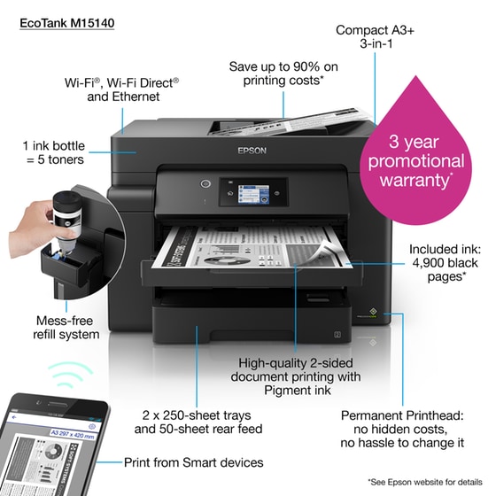 Epson EcoTank M15140 Ασπρόμαυρο Επαγγελματικό Πολυμηχάνημα A3+ με WiFi, Ethernet, ADF, Duplex Print (C11CJ41402) image 1