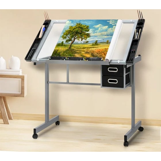 Γραφείο Σχεδίασης Lamtech Crystal Μεταλλικό 104x60x80cm - Ασημί/ Μαύρο image 2