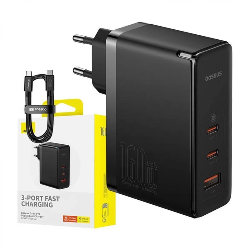 BASEUS Φορτιστής Πρίζας Baseus GaN5 Pro 1x USB/2x USB-C PD 160W - Μαύρο CCGANG160CE