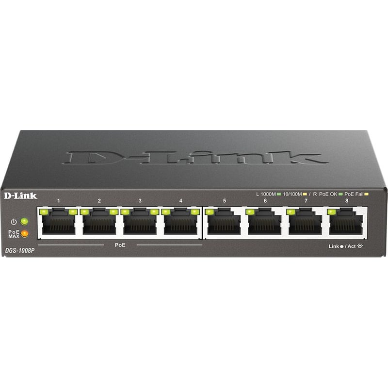 D-LINK D-Link DGS-1008P Network Switch Unmanaged Gigabit Ethernet (1000 Mbps) 8-Port PoE Support