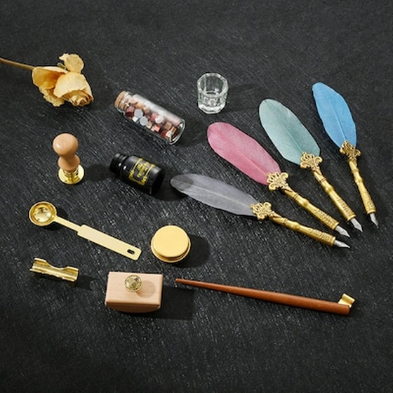 Σετ Γραφής Με Πένα Φτερό Γαλάζιο Και Ξύλινο Κονδυλοφόρο Αντίκα Jiner image 1