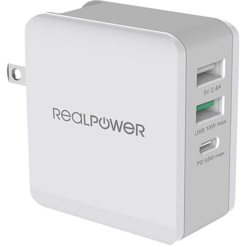 REALPOWER Φορτιστής Πρίζας Realpower Deskcharge 3port 2x Usb, Usb-C 65W - White