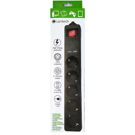 Πολύπριζο Ασφαλείας Lamtech LAM111948 5 θέσεων & 2x Usb 1.5m - Μαύρο image 1