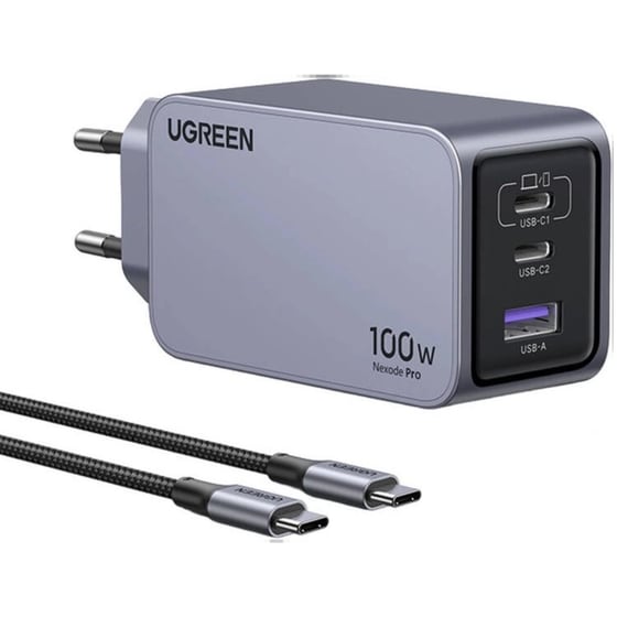 Φορτιστής Πρίζας Ugreen Nexode Pro GaN με Θύρα USB-A και 2 Θύρες USB-C + Καλώδιο USB-C – USB-C 100W - Γκρι image 0