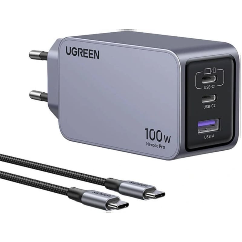 Φορτιστής Πρίζας Ugreen Nexode Pro GaN με Θύρα USB-A και 2 Θύρες USB-C + Καλώδιο USB-C – USB-C 100W - Γκρι