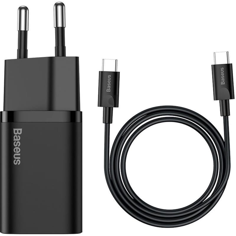 BASEUS Φορτιστής Πρίζας Baseus Super Si Quick Charger 1C 25W USB-C/ Καλώδιο USB-C 1m - Μαύρο