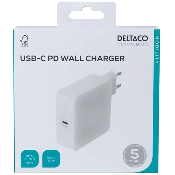 Φορτιστής Πρίζας Deltaco USB-C Wall Charger 1x USB-C 65W - White image 3