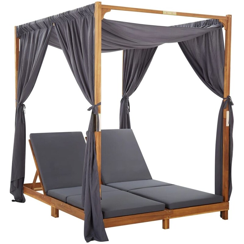 Ξαπλώστρα Διπλή VidaXL από Μασίφ Ξύλο Ακακίας με Μαξιλάρια και Κουρτίνες 148x200x200 cm - Γκρι